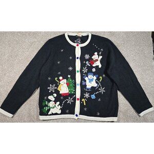 All Points Reference Point Snowman Christmas Sweater Cardigan Ramie/Cotton Sz L